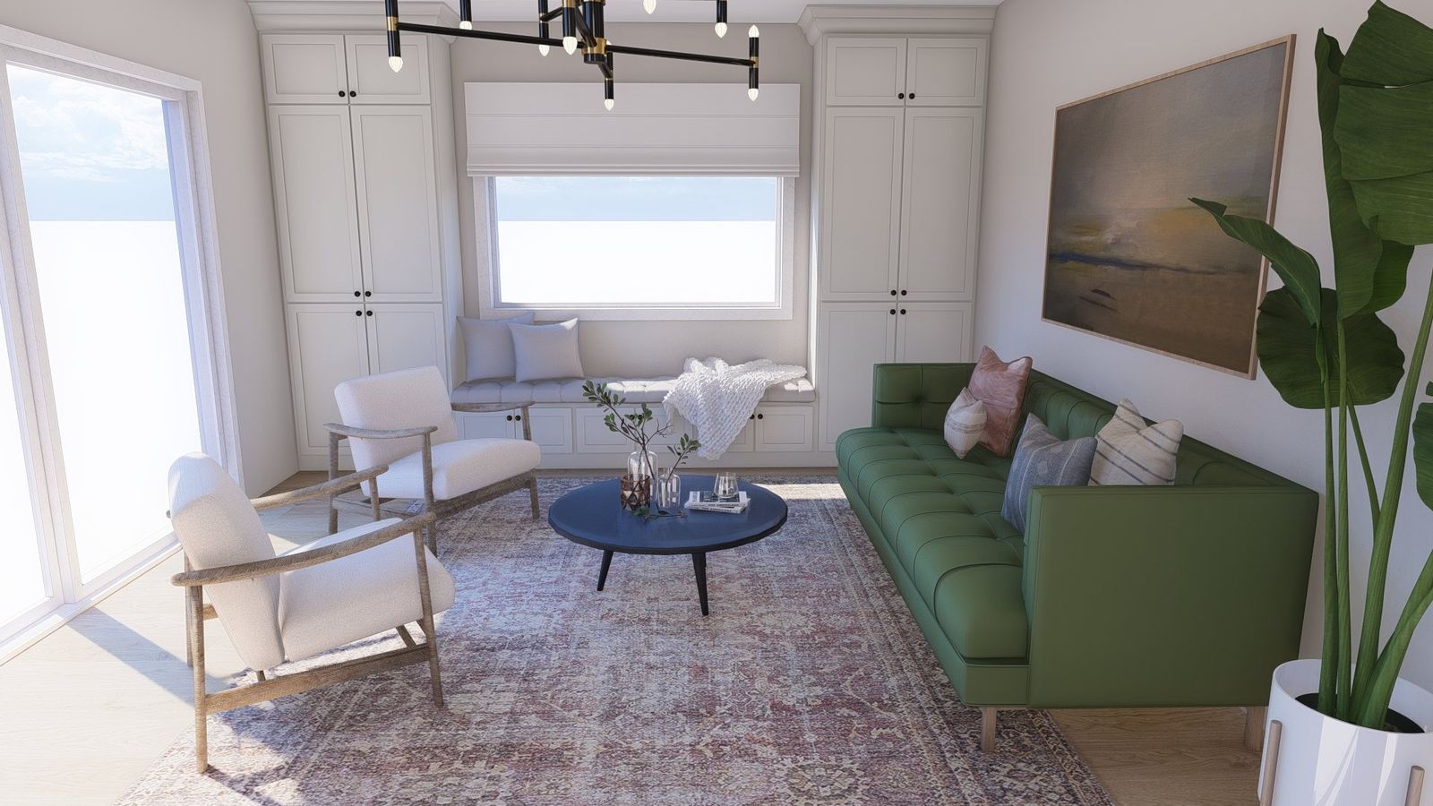 Rendering: Morning room with a cushioned window seat, green velvet sofa and cognac leather ottoman
