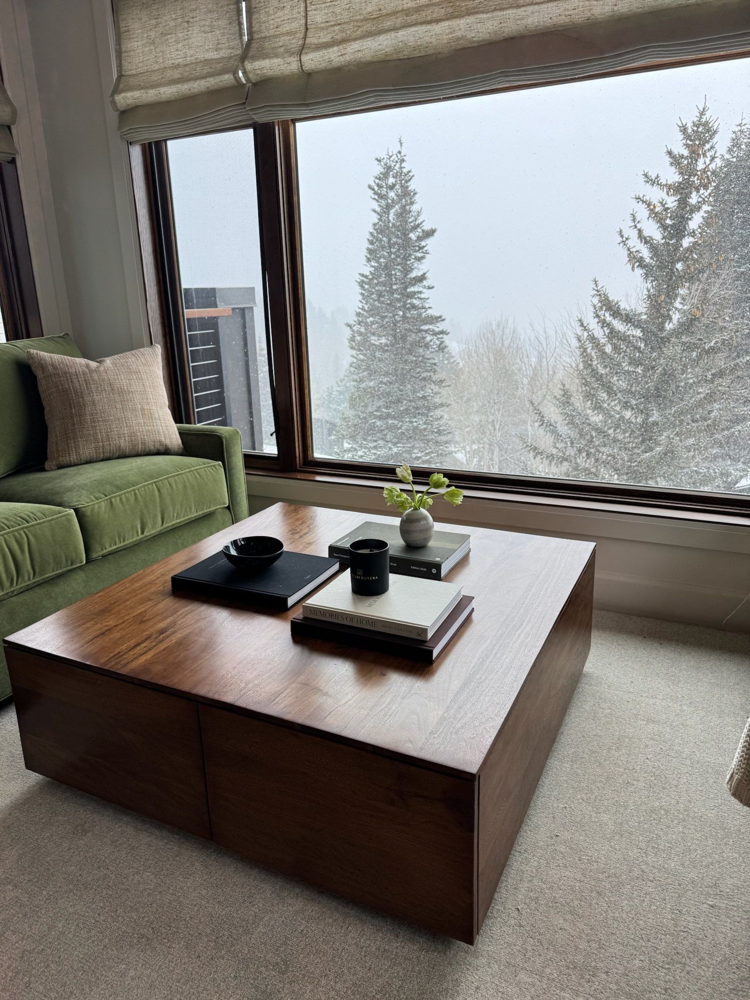 Sitting room with green velvet sofas and a walnut cube table facing snowy pines