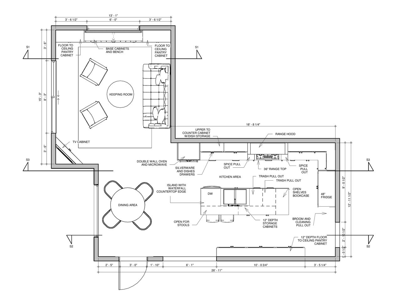 Floor plan of a keeping room, dining area and kitchen with a waterfall island and furniture layout