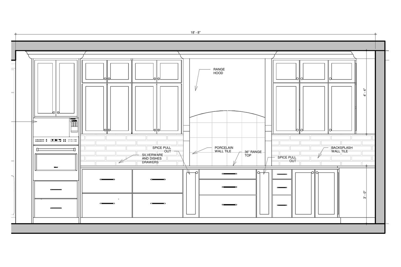 Kitchen elevation drawing with shaker cabinets, arched range hood, wall ovens and subway tile backsplash