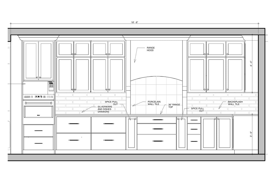 Kitchen elevation drawing with shaker cabinets, arched range hood, wall ovens and subway tile backsplash