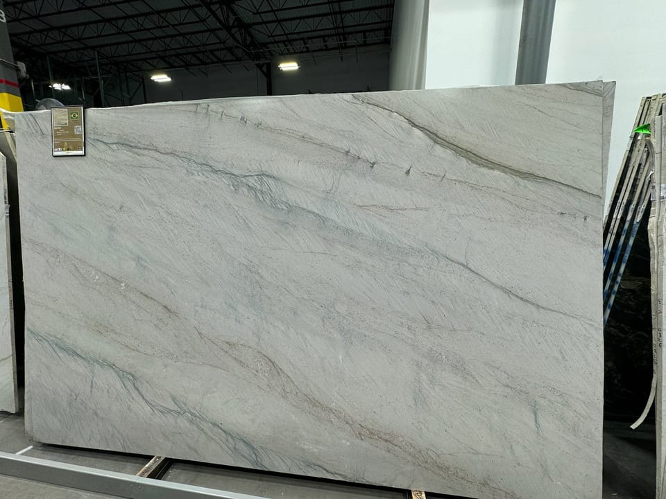 A veined quartzite slab chosen at the stone yard for the Marcell kitchen
