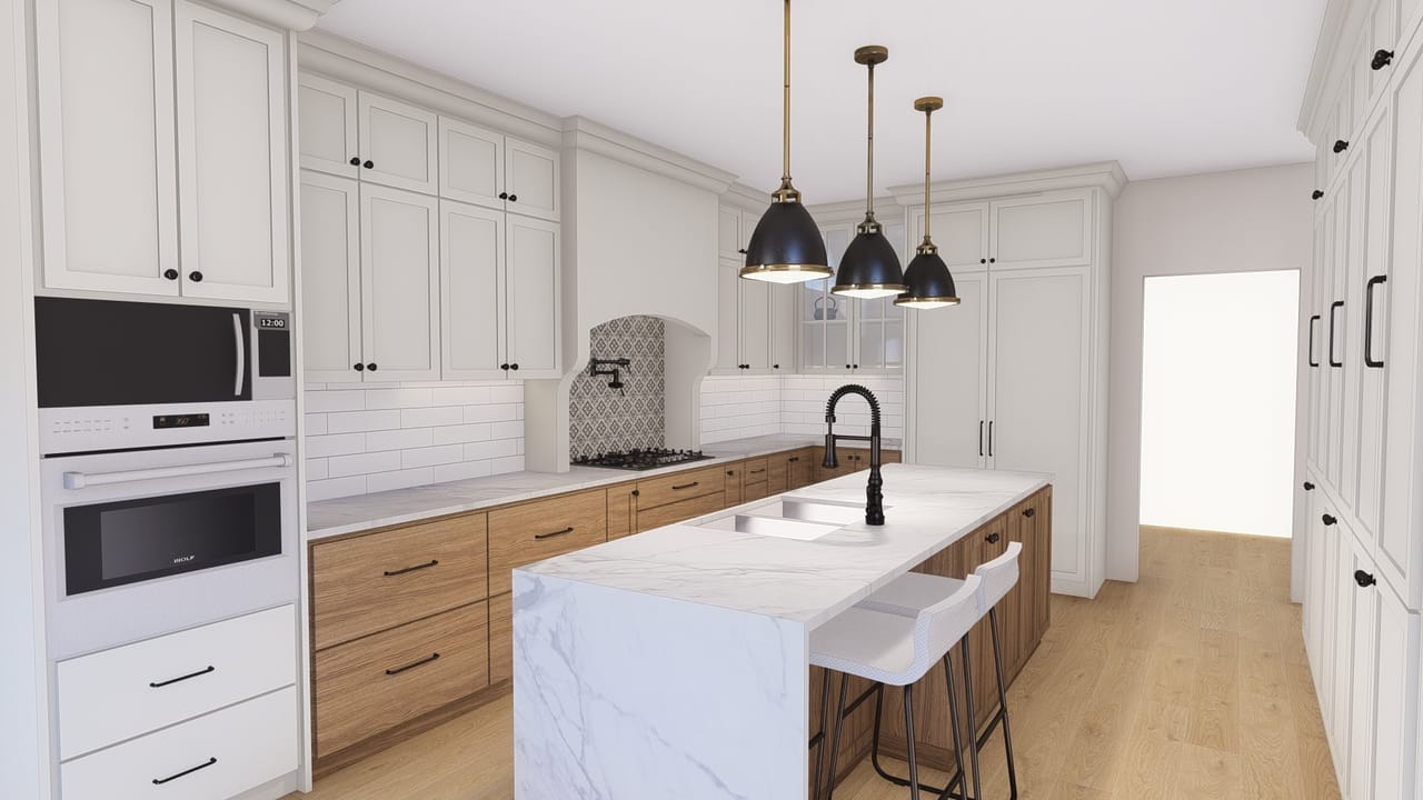 3D rendering of a white and oak kitchen with a marble waterfall island and black dome pendants